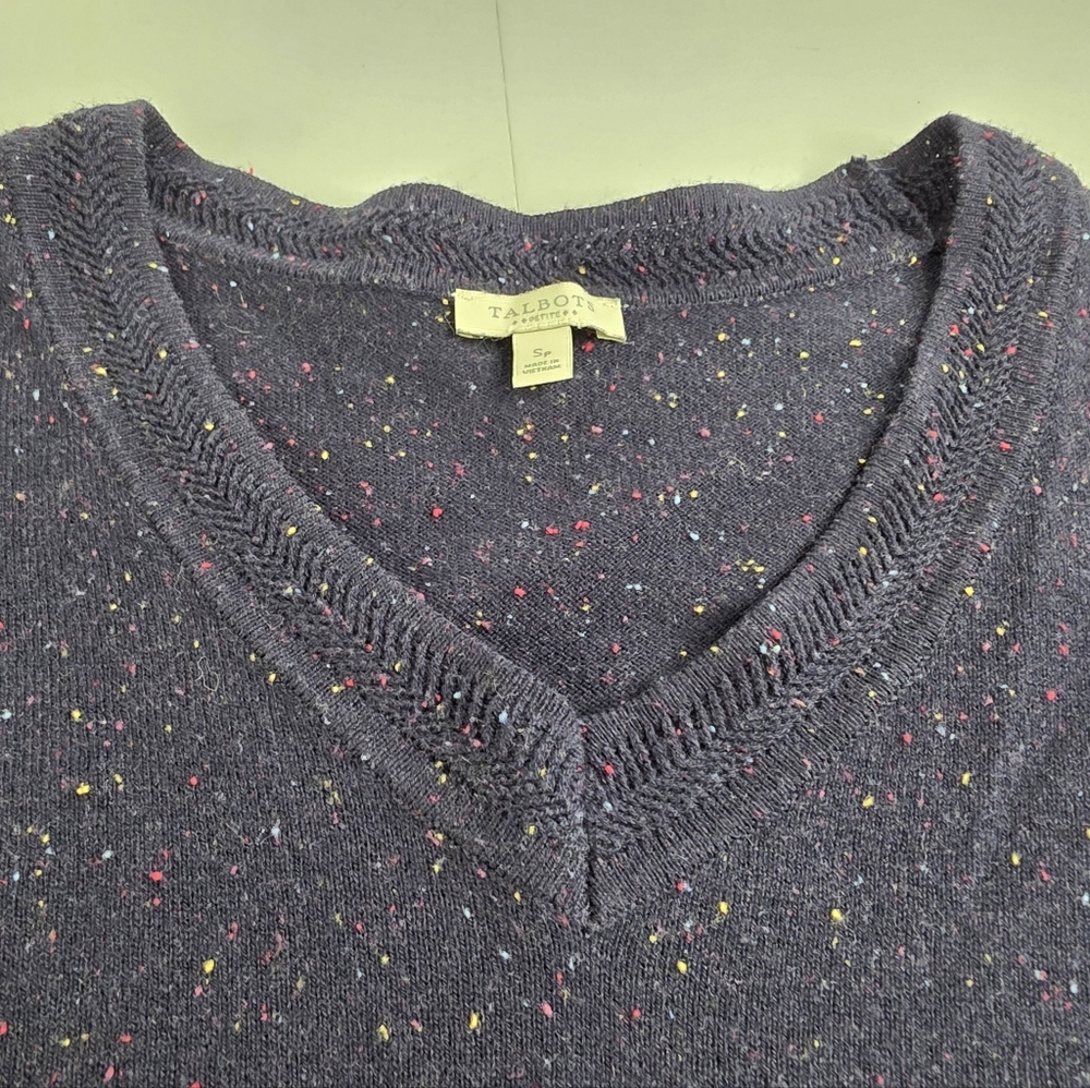 Talbots Navy Blue Speckled Sweater Size 2 Petite Button Sleeve Detail 3295-at
